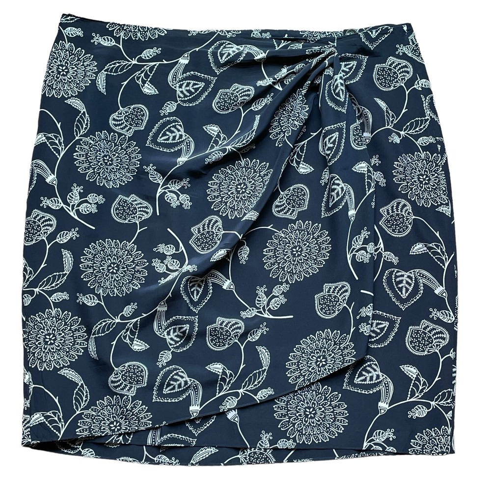 Evan-Picone Woman 100% Silk Faux Wrap Floral Skirt Navy Blue White Plus Size 20W